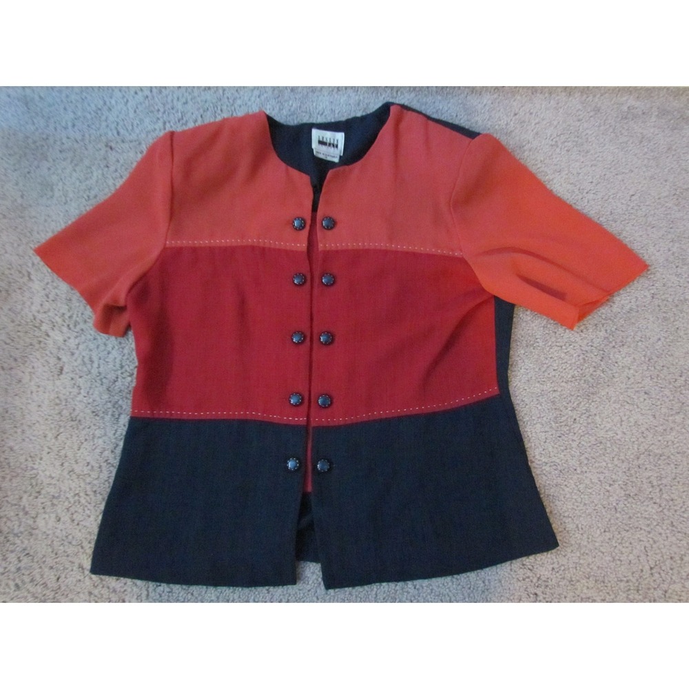 Leslie Fay Colorblock Top 14 Red Orange Black Vintage 90s Professional Button Up